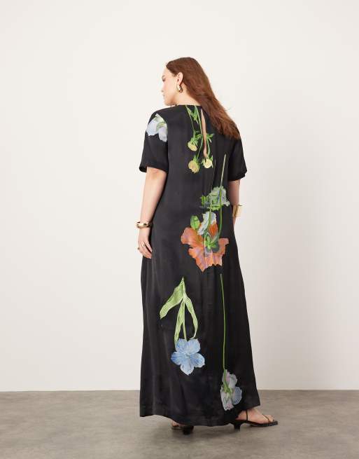 asos embroidered shirt dress ASOS EDITION Curve satin floral embroidered t-shirt maxi dress in black