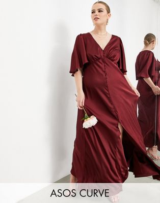 ASOS EDITION Curve satin flutter sleeve maxi dress with button front in wine - ASOS Price Checker