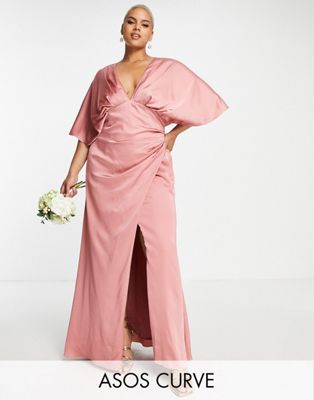 Asos Design Curve Satin Kimono Sleeve Maxi Dress With Drape Skirt In Dusky Rose-pink