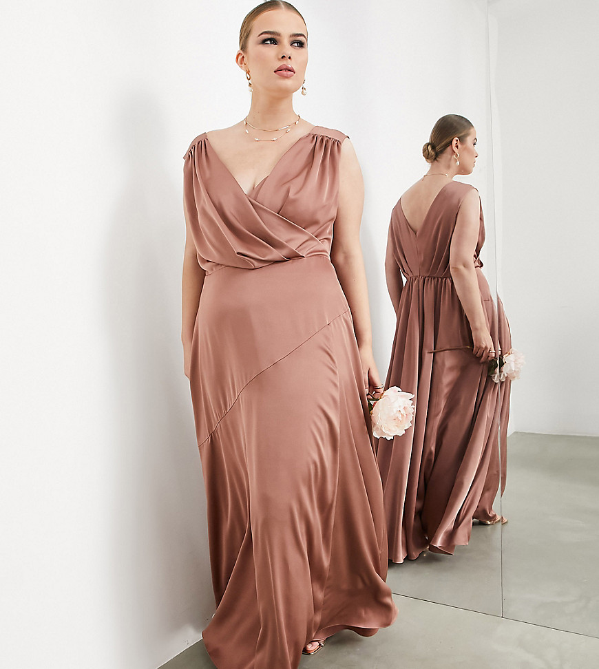ASOS EDITION Curve satin maxi dress with wrap bodice in cinnamon rose-Copper
