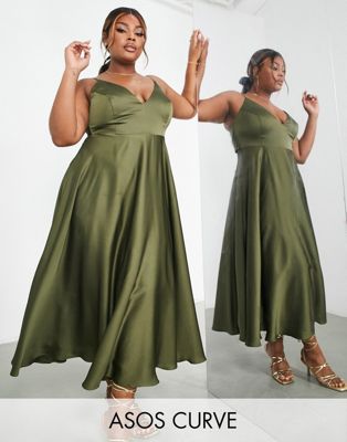 ASOS EDITION Curve satin midi dress with tie back in olive