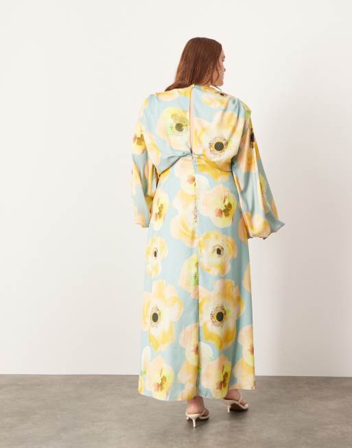 ASOS EDITION Curve Satin Midikleid mit voluminosen Blousonarmeln und groBem Blumenmuster ASOS