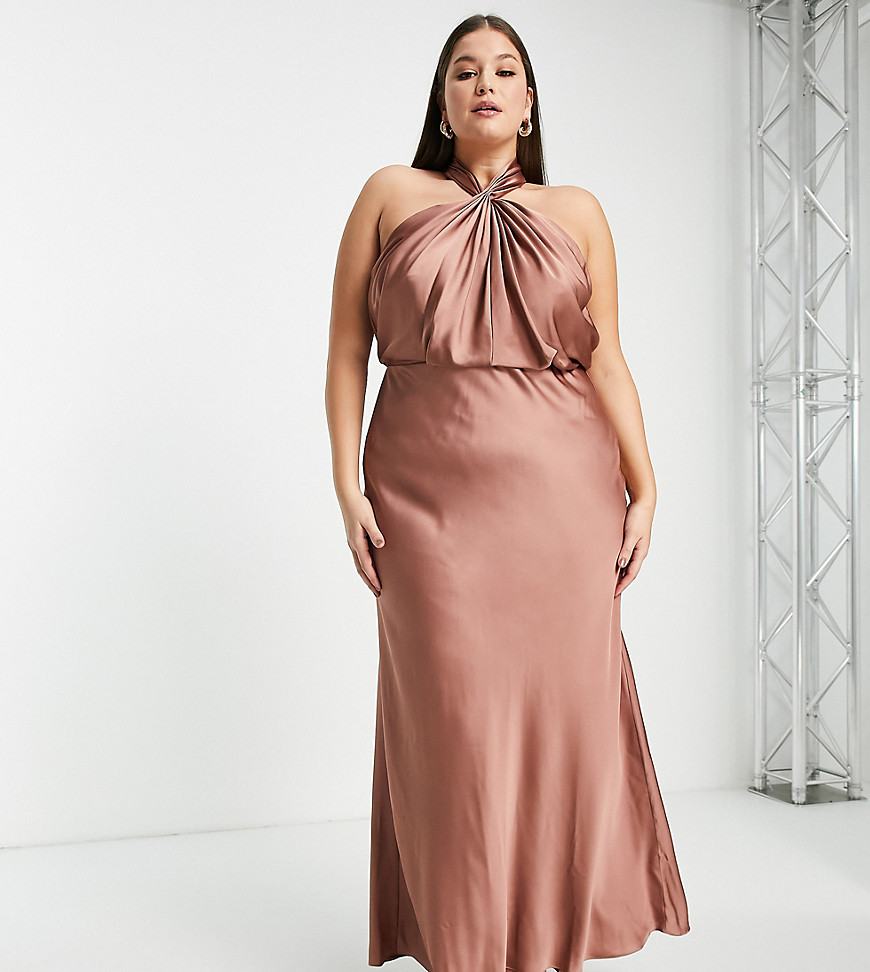 Plus-size dress by ASOS EDITION Cue the group photoshoot Halterneck with button closure Sleeveless style Ruched detail Open back Zip-back fastening Regular fit