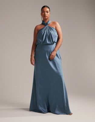 ASOS DESIGN Bridesmaid Curve satin ruched halter neck maxi dress in dusky blue