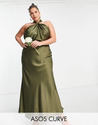 ASOS EDITION Curve satin ruched halter neck maxi dress in olive green - ASOS Price Checker