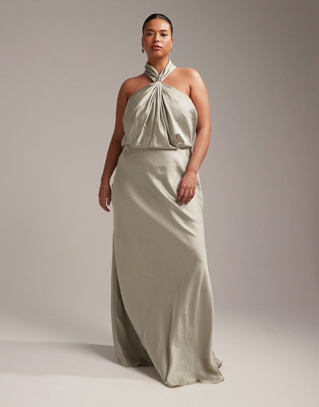 ASOS EDITION Curve satin ruched halter neck maxi dress in sage green