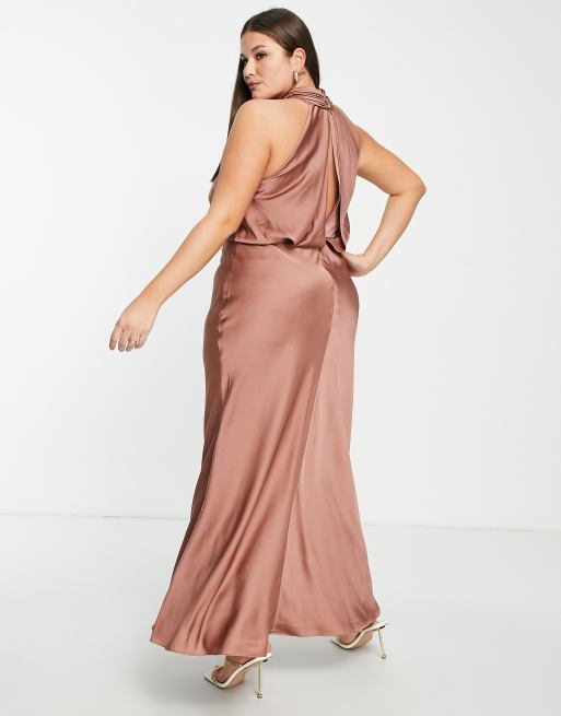 ASOS EDITION Curve satin ruched halterneck maxi dress in cinnamon rose, 3 of 4