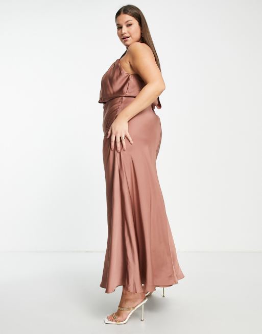 ASOS EDITION Curve satin ruched halterneck maxi dress in cinnamon rose, 4 of 4