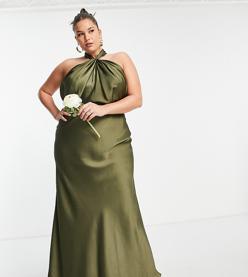 ASOS EDITION Curve satin ruched halterneck maxi dress in olive green