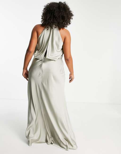ASOS EDITION Curve satin ruched halterneck maxi dress in sage green, 2 of 4