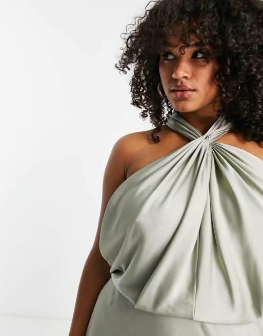 ASOS EDITION Curve satin ruched halterneck maxi dress in sage green, 3 of 4