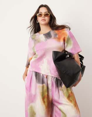 ASOS EDITION ASOS EDITION Curve satin short sleeve top co-ord in bold watercolour print-Multi
