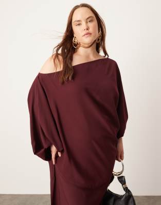 Asos Design Curve Satin Slouchy Off Shoulder Maxi Dress In Burgundy-multi