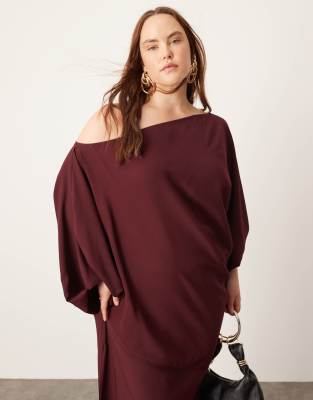 ASOS EDITION Curve satin slouchy off shoulder maxi dress in burgundy-Multi