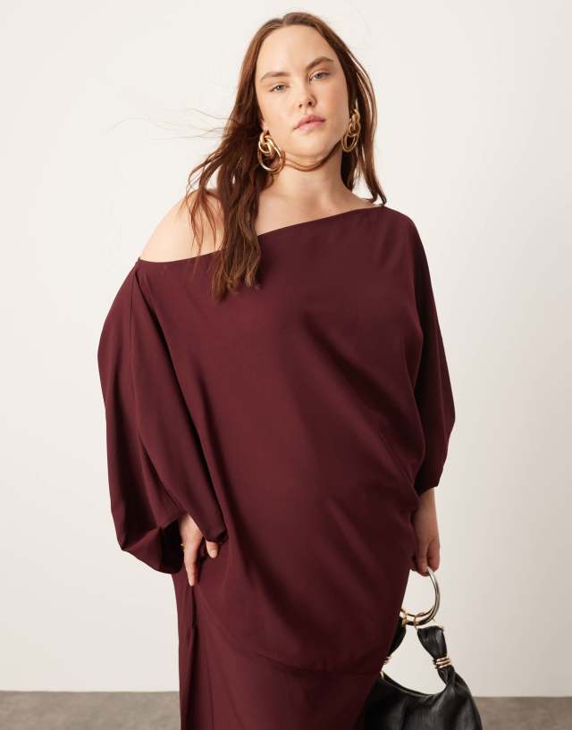 ASOS EDITION - curve satin slouchy off shoulder maxi dress in burgundy