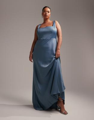 Shop Asos Design Bridesmaid Curve Satin Square Neck Maxi Dress In Blue