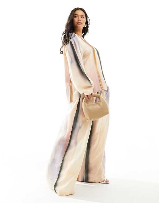 ASOS EDITION Curve satin super wide leg drawstring waist pants in blurred stripe - part of a set