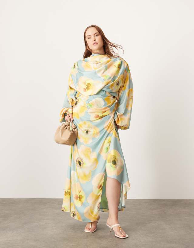 ASOS EDITION - curve satin volume blouson sleeve satin midi dress in large floral print