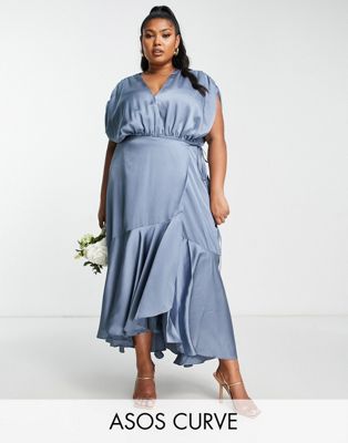 ASOS EDITION Curve satin wrap midi dress with ruched detail in dusky blue