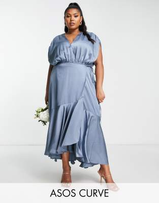 ASOS EDITION Curve satin wrap midi dress with ruched detail in dusky blue - ASOS Price Checker