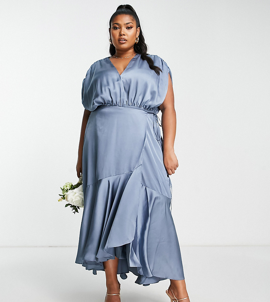 ASOS EDITION Curve satin wrap midi dress with ruched detail in dusky blue