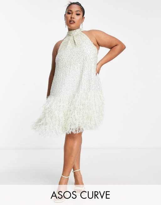 ASOS EDITION sequin and faux feather mini dress with low back in charcoal