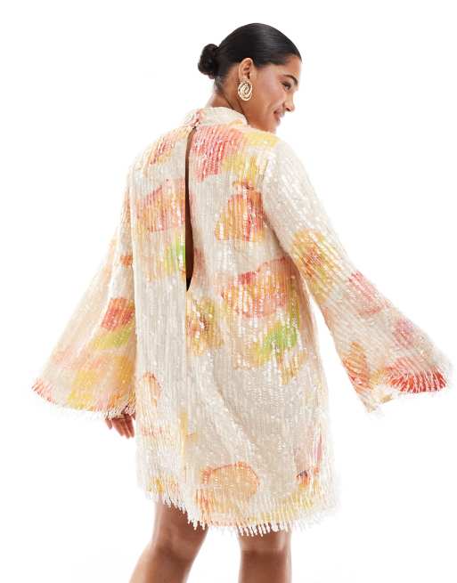 asos orange fringe dress ASOS EDITION print and sequin high neck mini dress with fringe in orange  floral