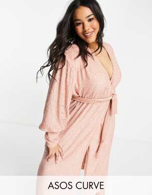 ASOS EDITION Curve sequin wrap midi dress in blush-Pink