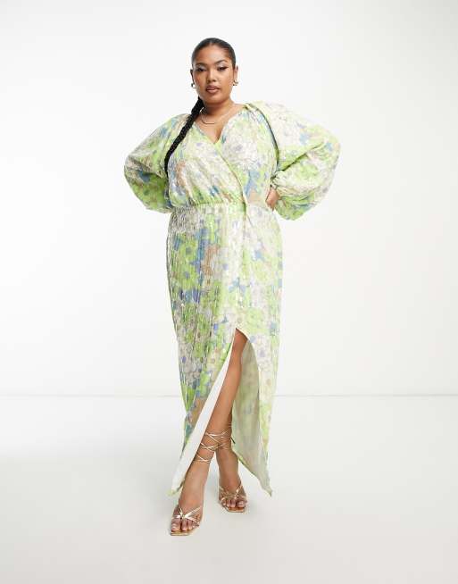 ASOS EDITION knitted wrap blouson sleeve wrap maxi dress in khaki-Green