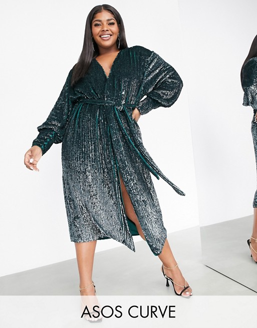 ASOS EDITION Curve sequin wrap midi dress in forest green