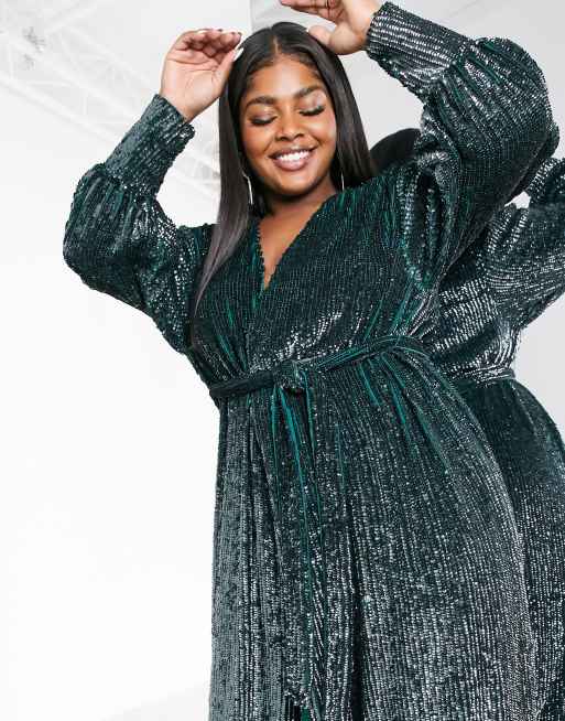 ASOS EDITION Curve sequin wrap midi dress in forest green