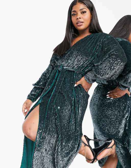 ASOS EDITION Curve sequin wrap midi dress in forest green