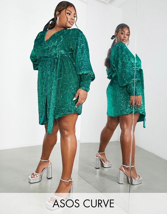 ASOS EDITION Curve sequin wrap mini dress in teal green