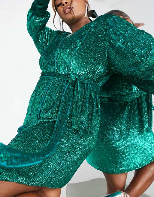 ASOS EDITION Curve sequin wrap mini dress in teal green