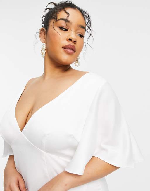 ASOS EDITION Curve Serenity satin wedding dress with flutter sleeve, 2 of 4