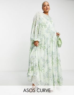 ASOS EDITION Curve shirred front maxi dress with floral print in white