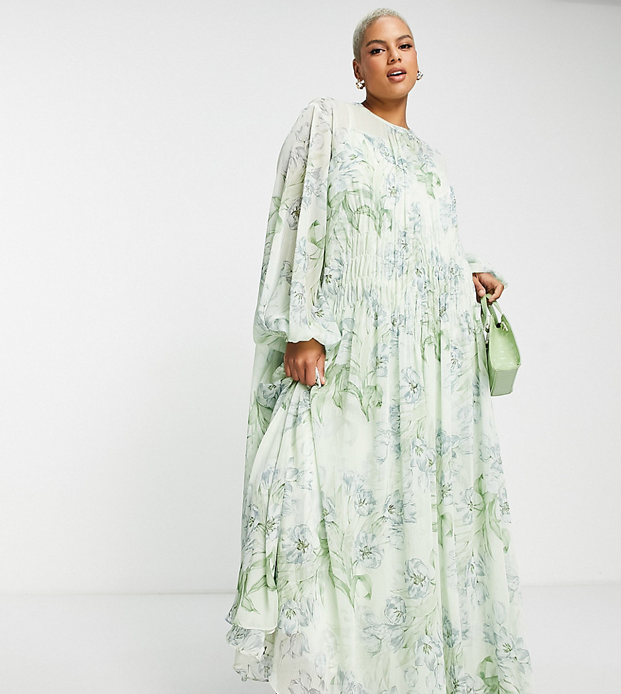 ASOS EDITION Curve shirred front maxi dress with floral print in white-Green