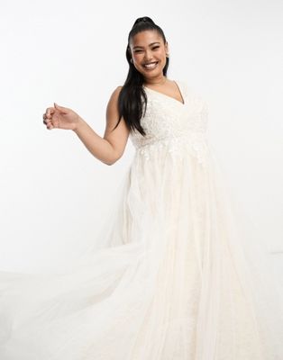 ASOS DESIGN Curve Sienna bead and embroidered plunge bodice wedding dress with lace underlay in
