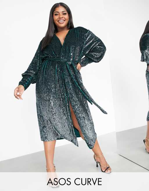 ASOS EDITION – Curve – Skogsgrön midiklänning med paljetter och omlottdesign