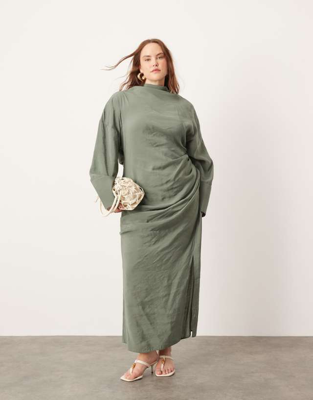 ASOS EDITION - curve soft high neck ruched detail maxi dress with cut out back in khaki