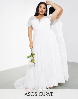 Asos Design Curve Sophia Plunge Lace Wedding Dress With Pleated Skirt In Ivory-white