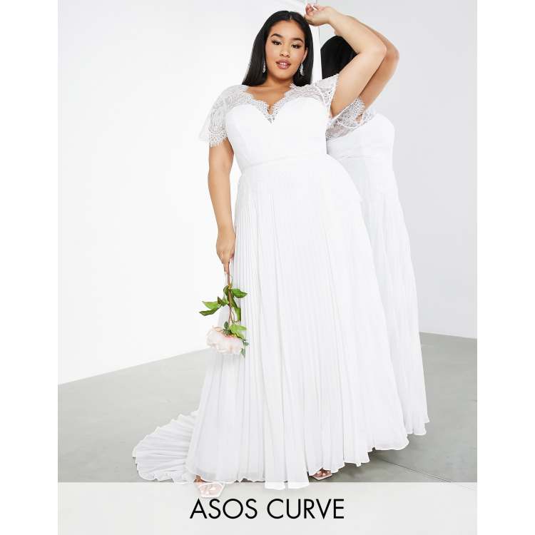 ASOS EDITION Curve Sophia plunge lace wedding dress with pleated skirt in ivory