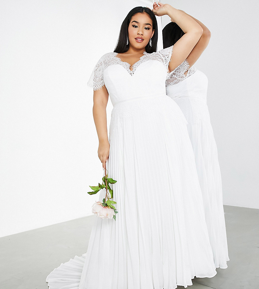 ASOS EDITION Curve Sophia plunge lace wedding dress with pleated skirt-White