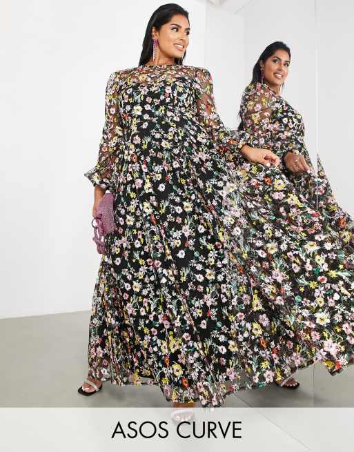 ASOS EDITION Curve - Sort broderet maxikjole med heldækkende blomstermønster