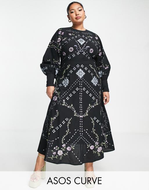ASOS EDITION Curve - Sort midikjole med indsyet talje og broderet blomstermønster
