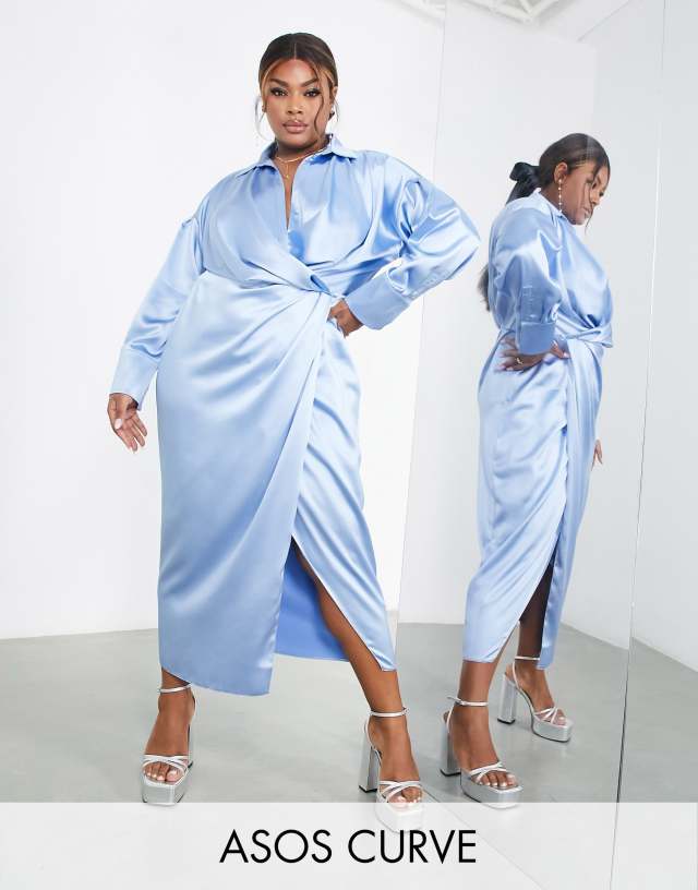 ASOS EDITION Curve split drape satin shirt dress in dusky blue