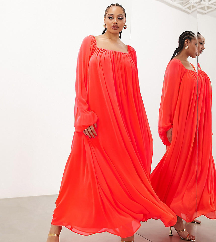 Asos Design Curve Square Neck Chiffon Maxi Dress In Neon Coral-orange
