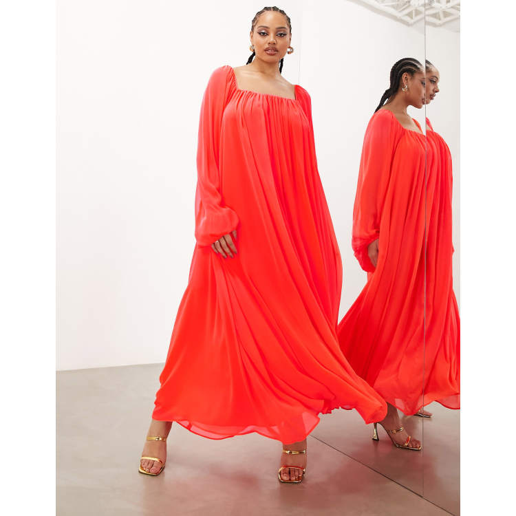 ASOS EDITION square neck chiffon maxi dress in neon coral