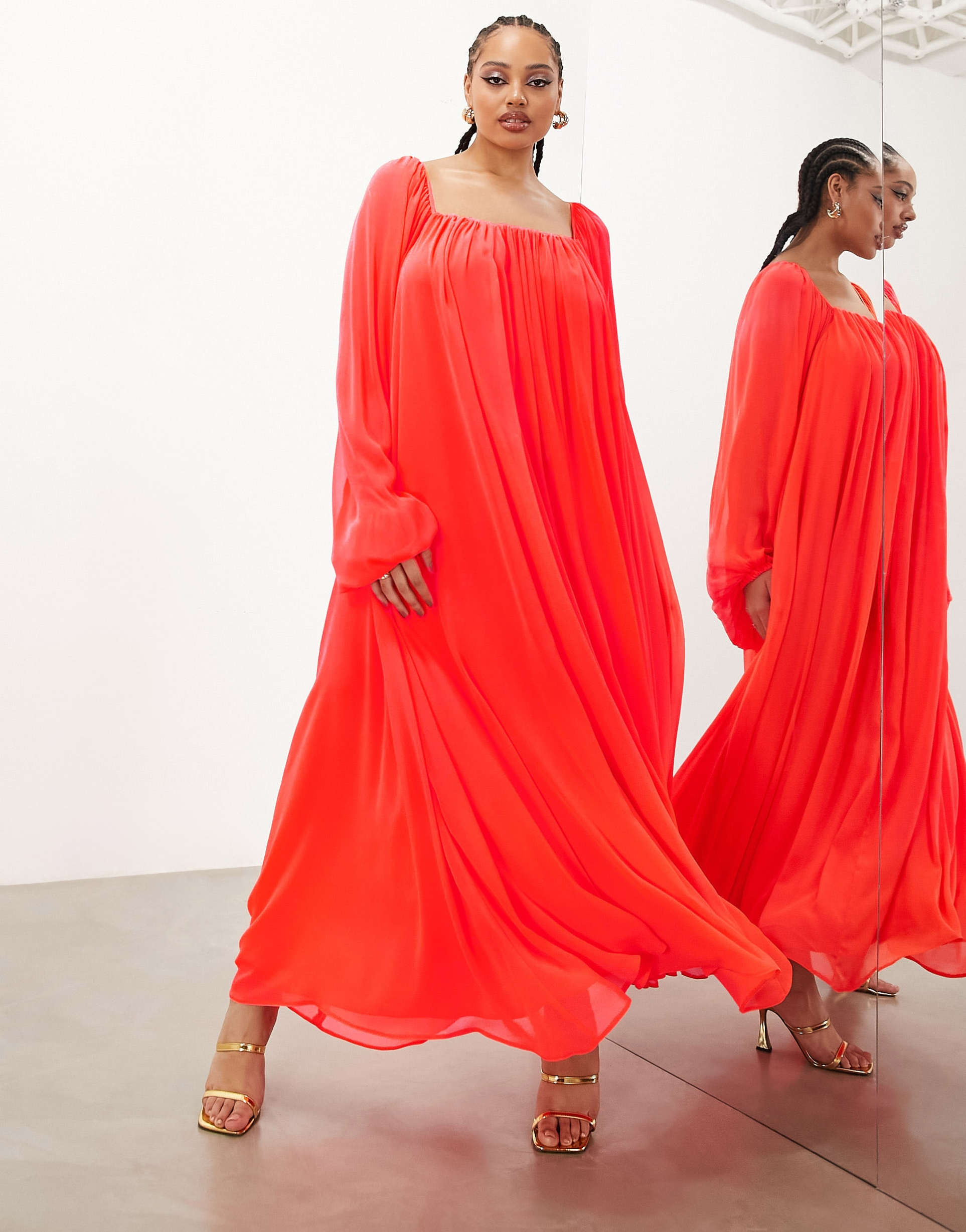 asos edition curve square neck chiffon maxi dress in neon coral