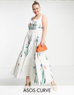 ASOS EDITION Curve square neck cotton floral maxi dress in white